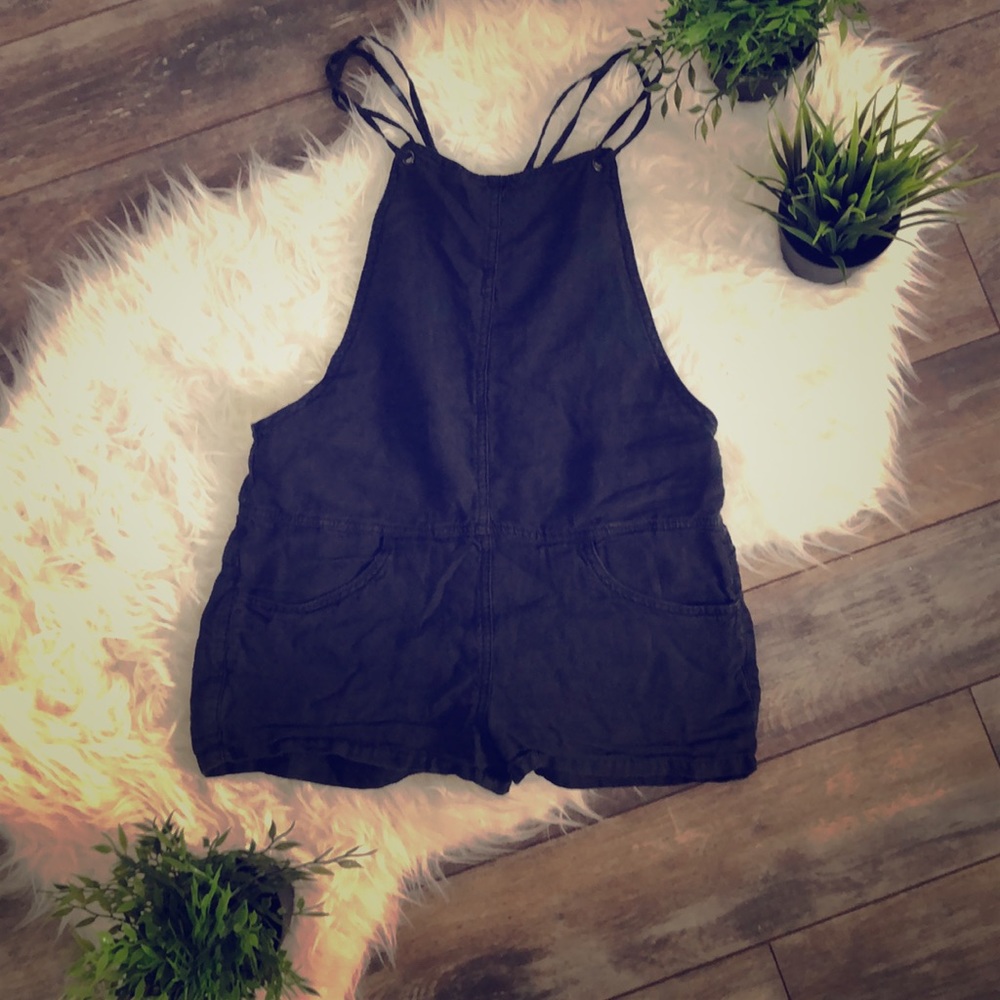 Black Linen Bib Short Overalls